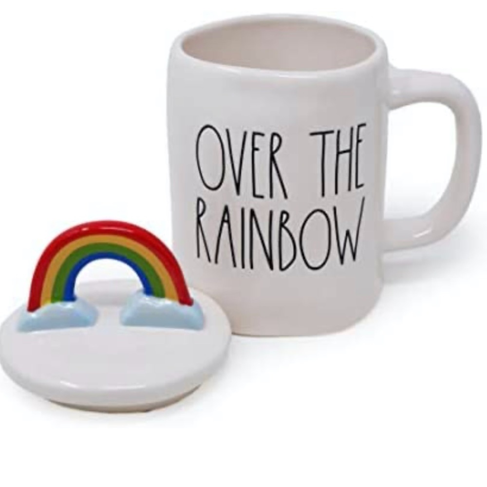 Rae Dunn OVER THE RAINBOW Glossy White Coffee Tea Mug with Rainbow Cloud